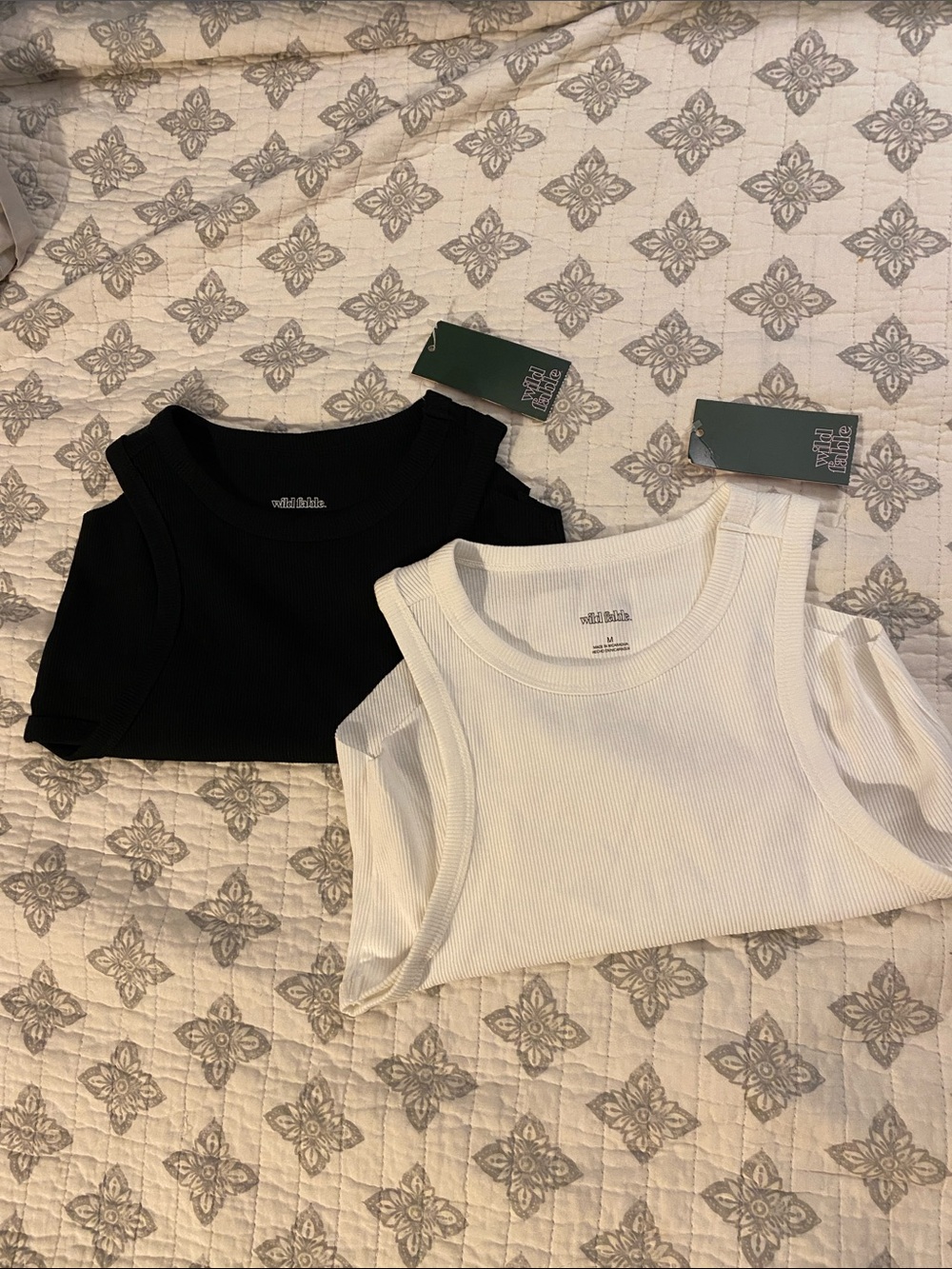 wild fable Black & White Cold-Shoulder Ribbed Crop Tanks - Set of 2